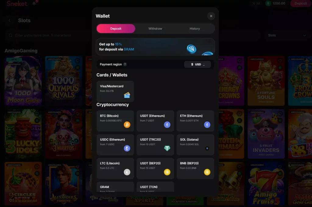 Sneket Casino deposit options