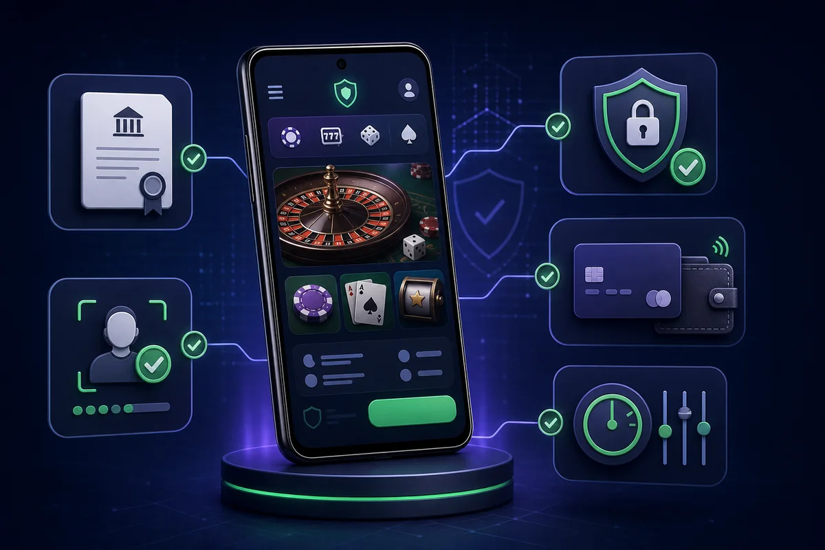 Security checklist for an Android casino app including licence, encryption, payments, identity checks and play limits