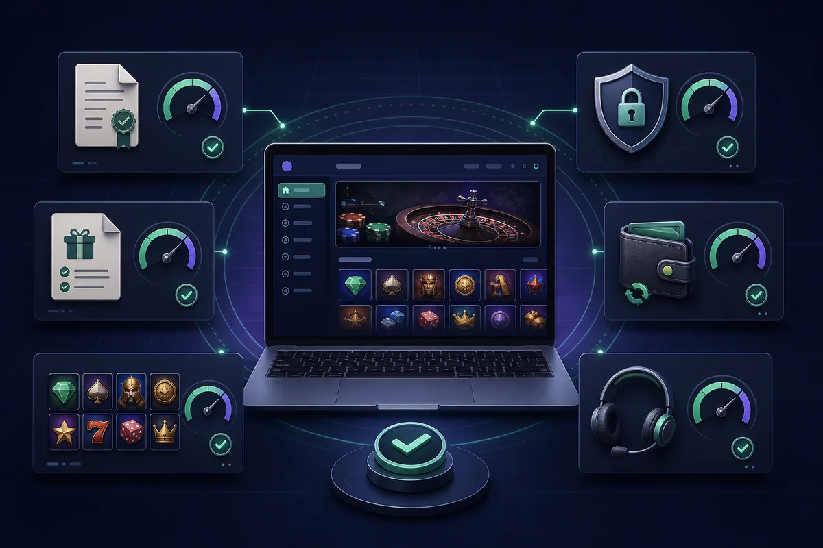 Online casino review dashboard evaluating licensing, security, bonuses, games, payments and customer support