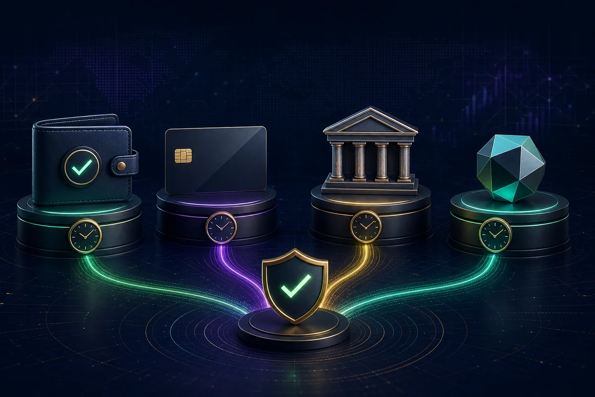 Generic casino withdrawal methods including e-wallet, payment card, bank transfer and digital token with verification