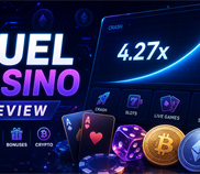 Duel Casino review banner with crypto symbols, crash game multiplier graph, dice, cards and neon casino elements.