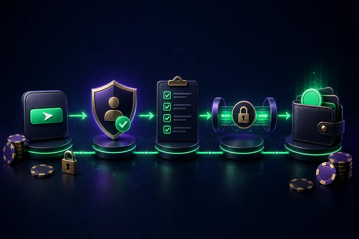 Five-stage casino withdrawal process from request and KYC checks to secure payment and received funds