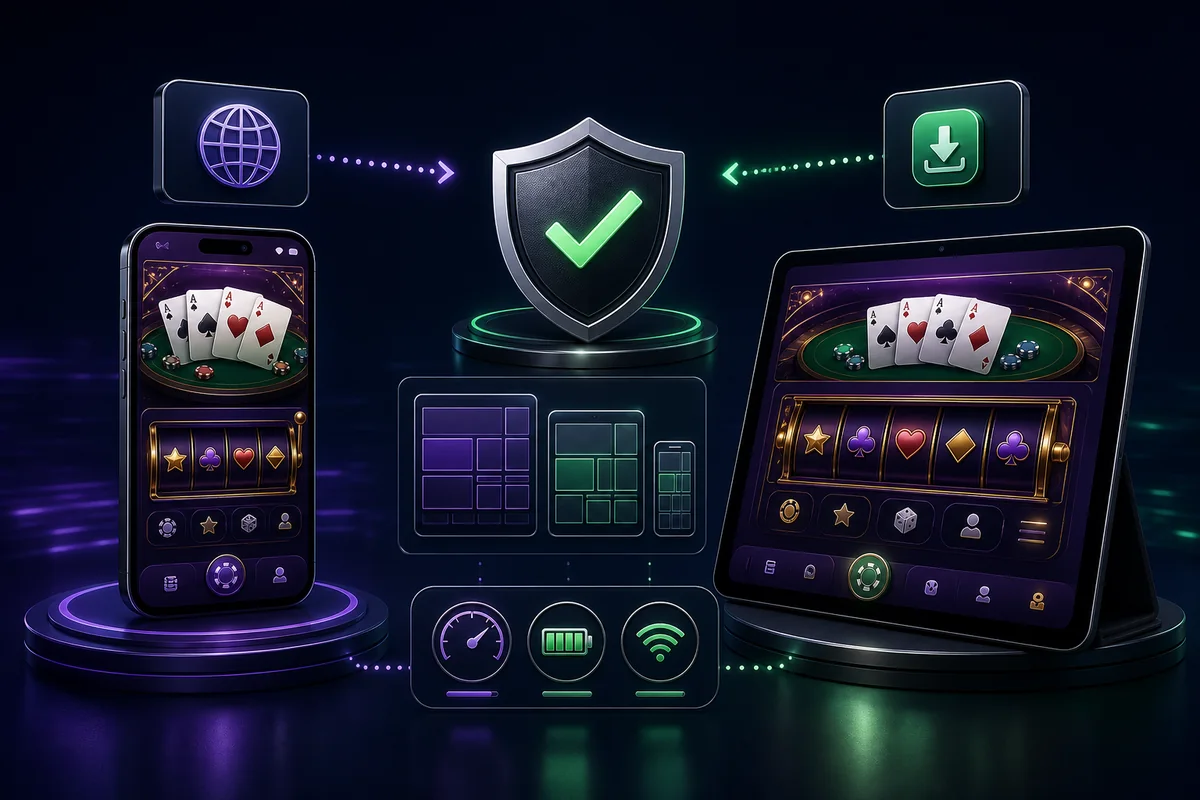 iOS casino testing on a generic smartphone and tablet with browser, app, security and performance checks