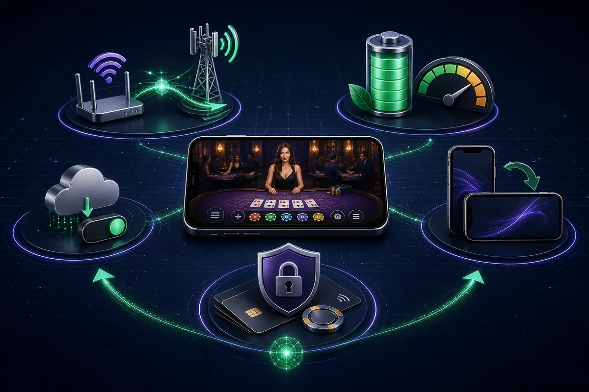Mobile casino performance checks for network switching, battery, data use, screen rotation and secure payments
