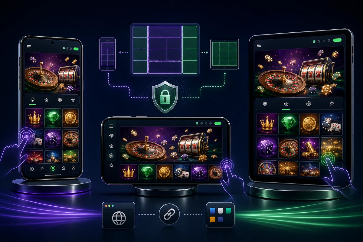 Responsive mobile casino interface tested across portrait phones, landscape play and tablet screens