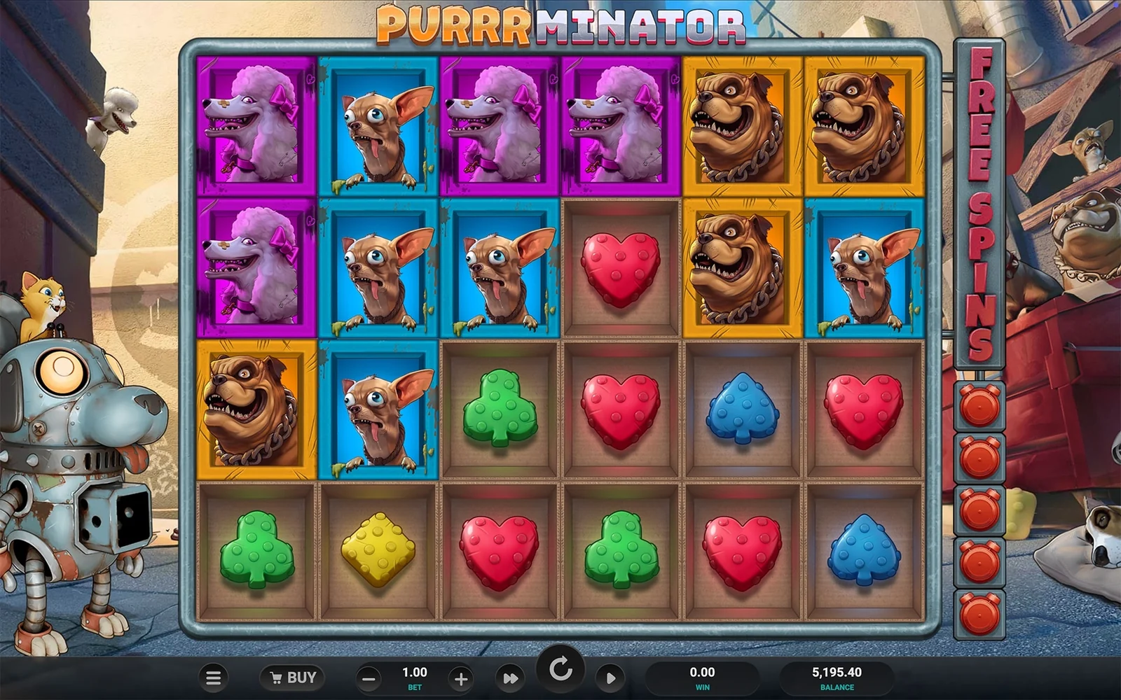 Purrrminator gameplay screen showing the main game mechanics